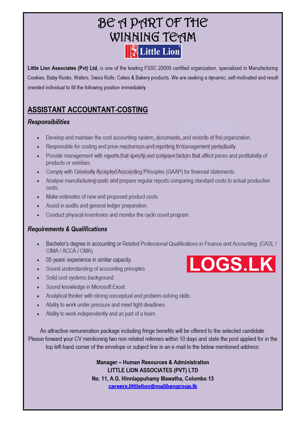 Assistant Accountant (Costing) Vacancy in Little Lion Associates (Pvt) Ltd Job Vacancies in Sri Lanka