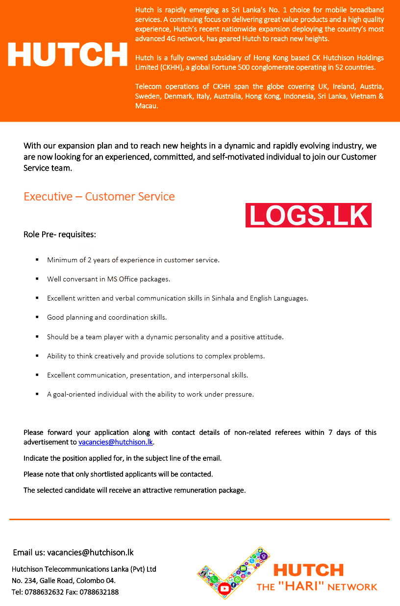 Customer Service Executive Job Vacancy at Hutch Telecom Job Vacancies
