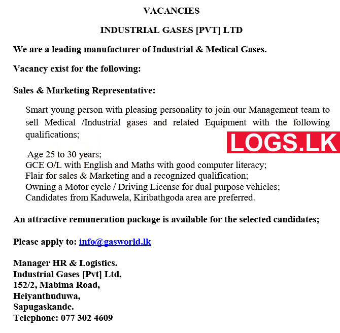 Sales & Marketing Representative Vacancy at Industrial Gases (Pvt) Ltd Company Job Vacancies