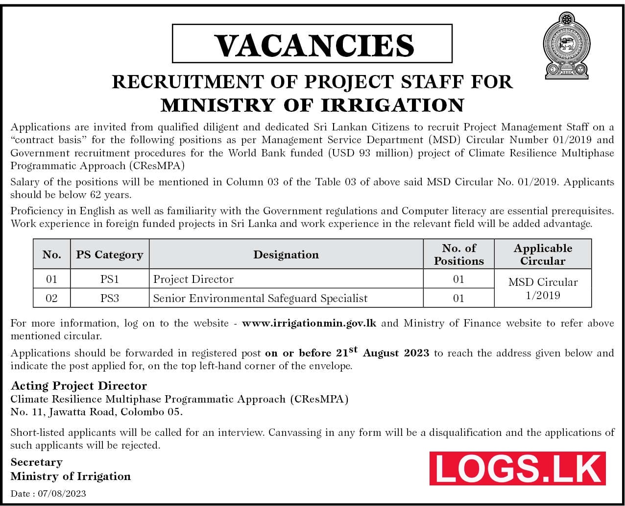 Ministry of Irrigation Vacancy 2023 Application