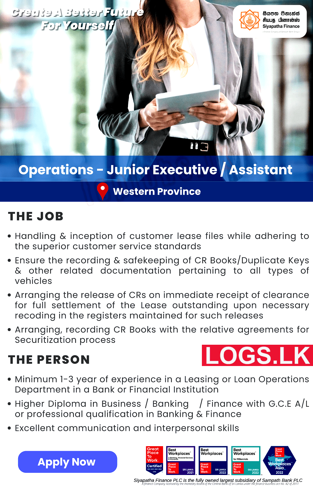 Junior Executive / Assistant (Operations) Vacancy at Siyapatha Finance Company Sri Lanka