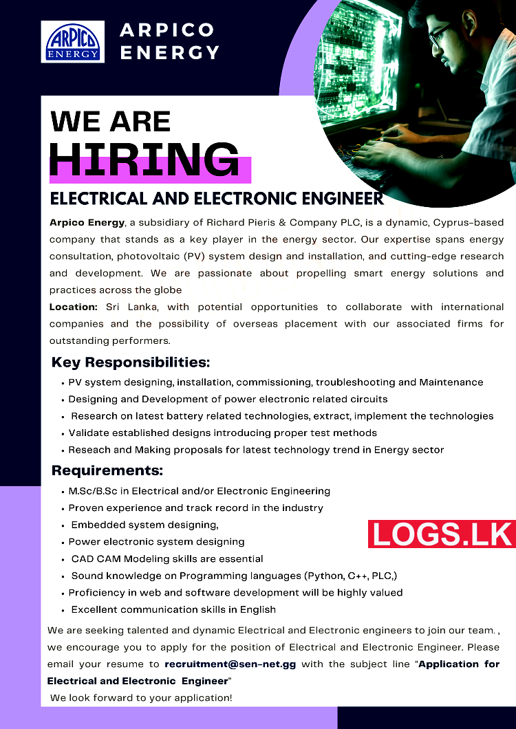 Electrical and Electronic Engineer Job Vacancy at Arpico Energy Job Vacancies