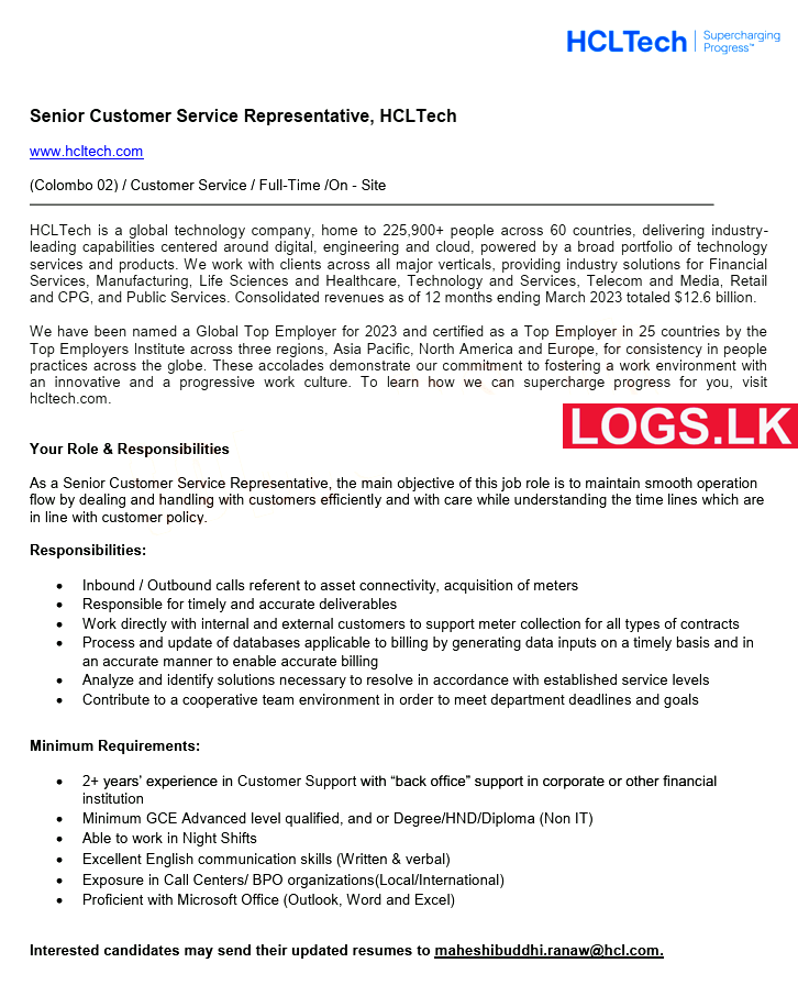 Senior Customer Service Representative Vacancy at HCL Technologies Sri Lanka