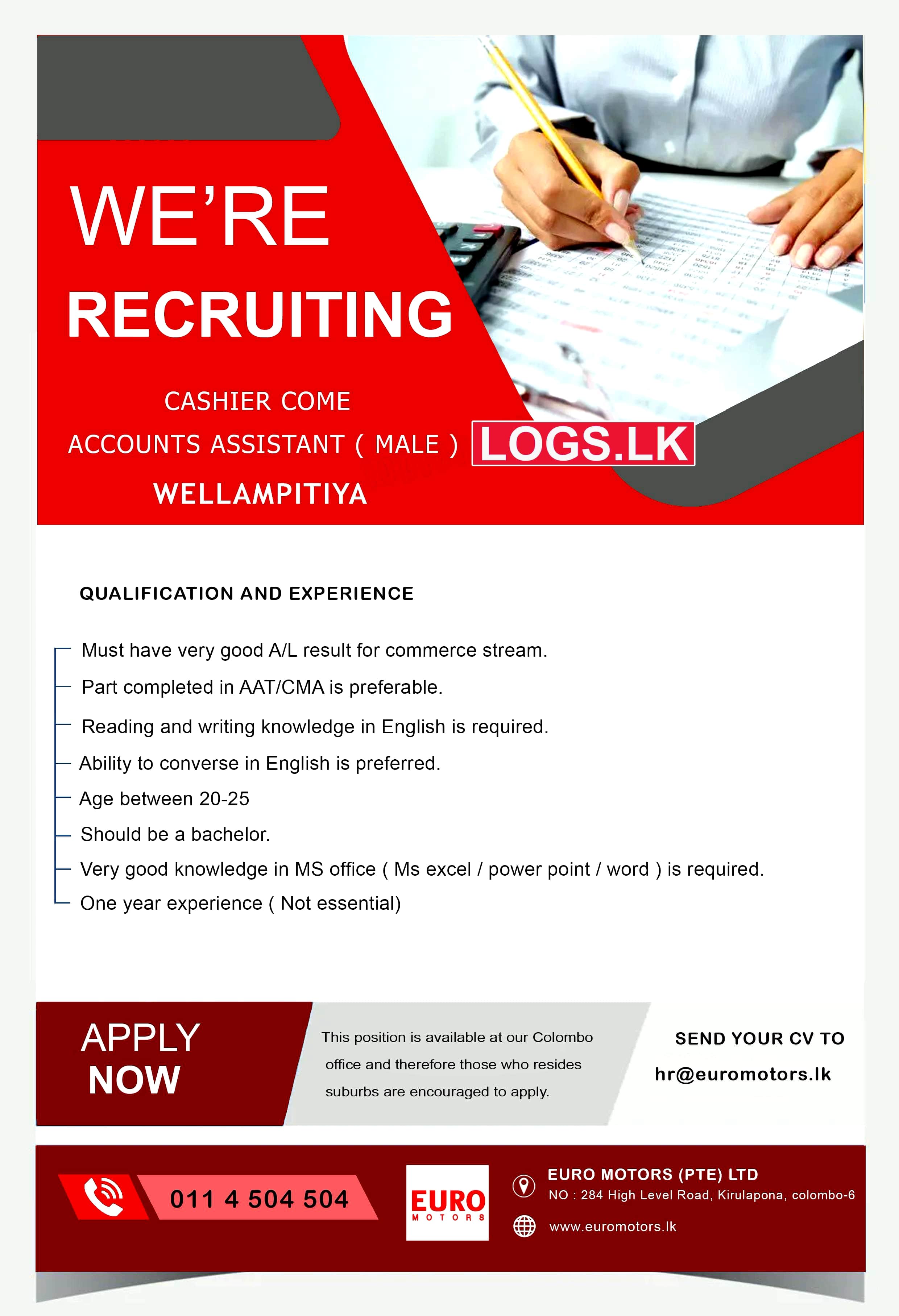 Accounts Assistant / Cashier Job Vacancy at Euro Motors (Pvt) Ltd Company Job Vacancies