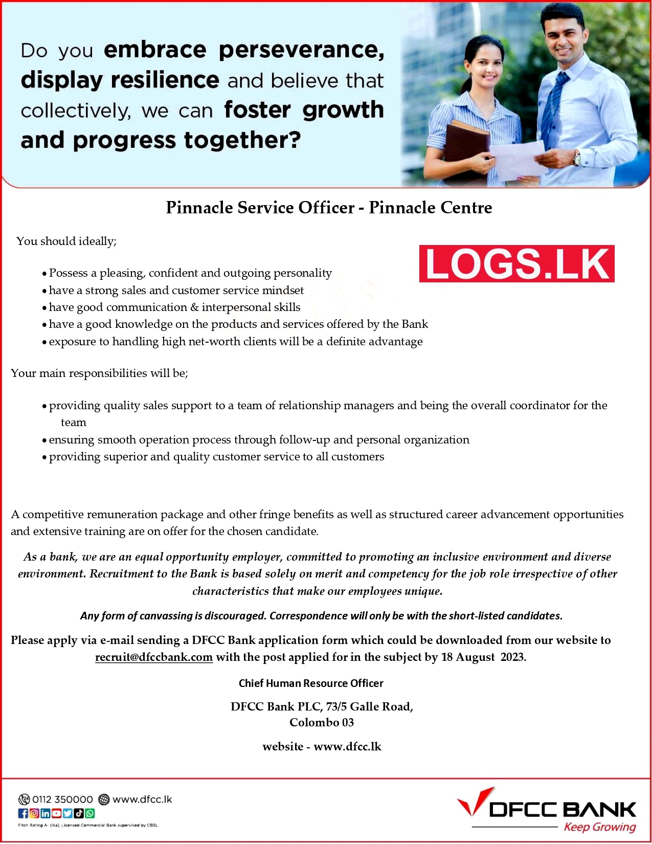 Pinnacle Service Officer Vacancies in DFCC Bank Sri Lanka