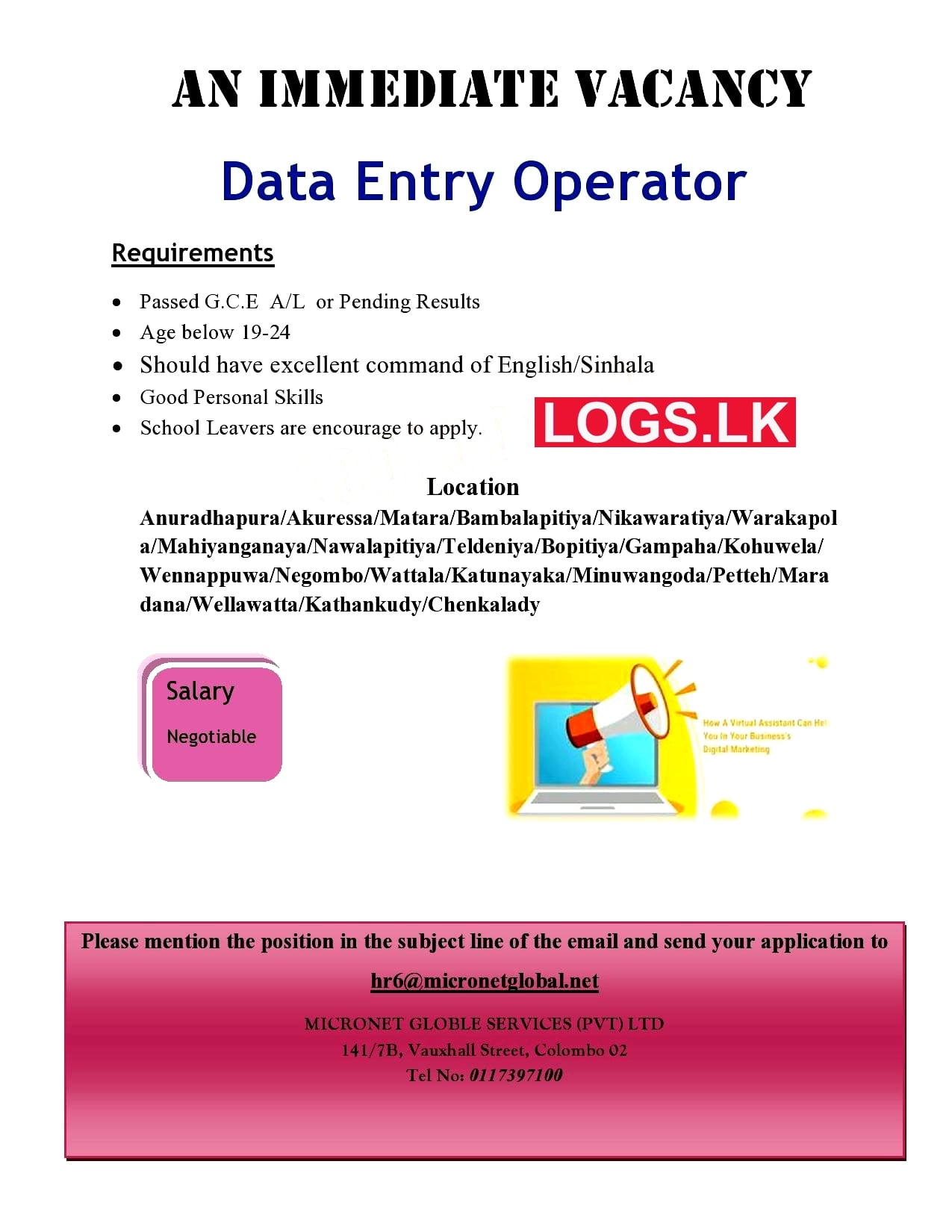 Data Entry Operator Job Vacancy 2023 Micronet Global Services Job Vacancies