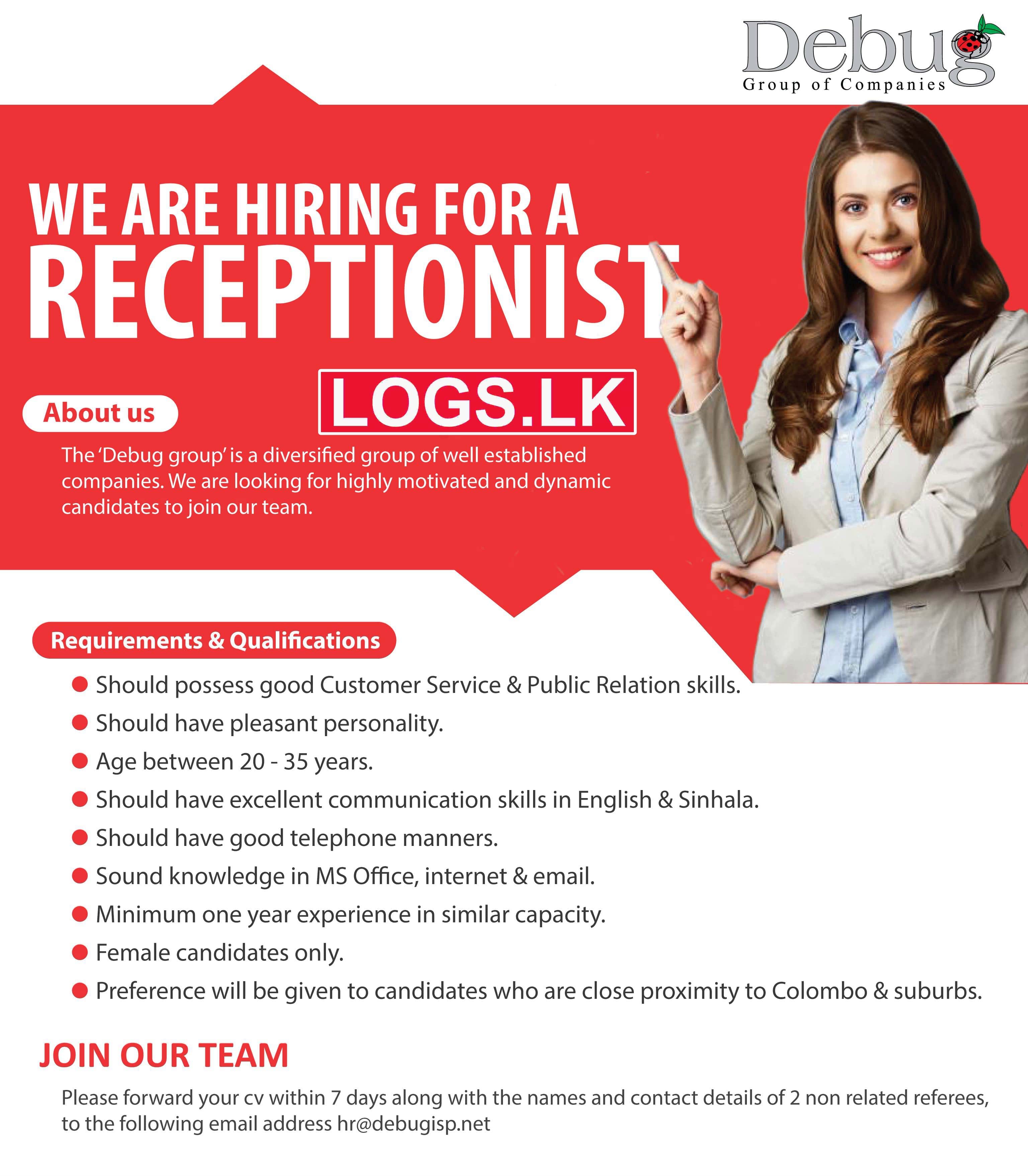 Receptionist Job Vacancy in Debug Group of Companies Job Vacancies in Sri Lanka
