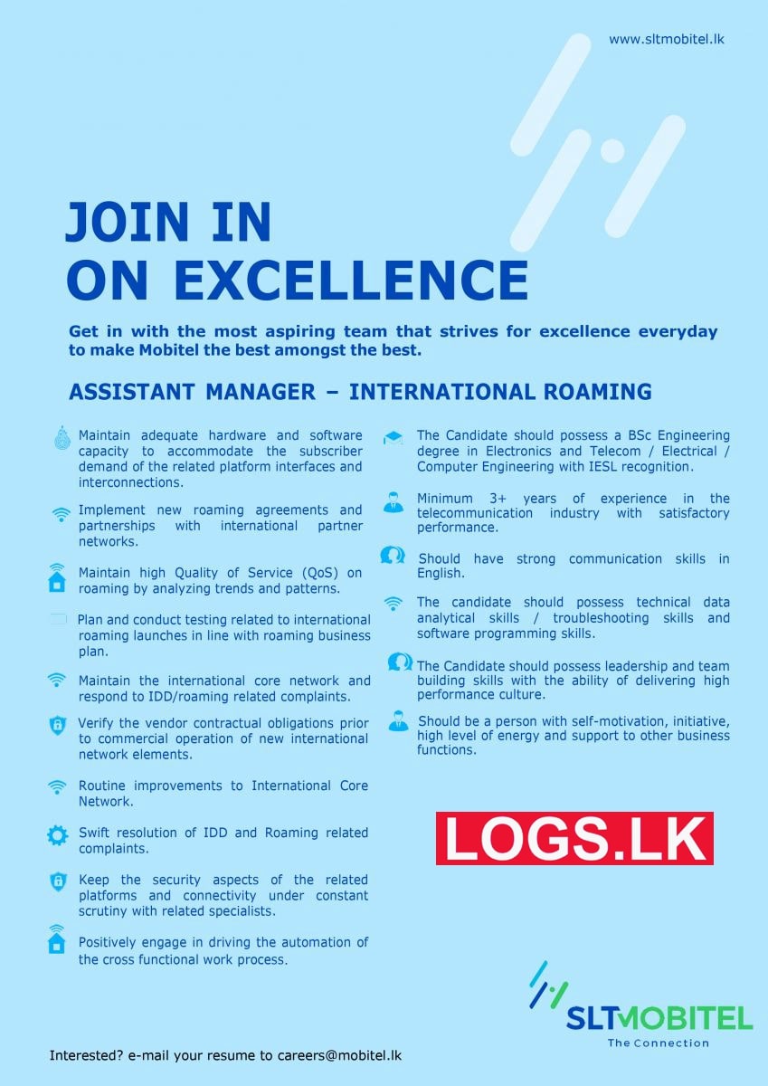 Assistant Manager (International Roaming) Job Vacancy at Mobitel Job Vacancies