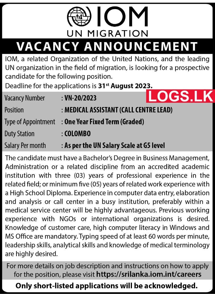 Medical Assistant (Call Centre Lead) – IOM Job Vacancies 2023 Application Form, Details Download