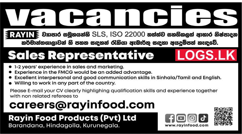 Sales Representative Job Vacancy at Rayin Food Products (Pvt) Ltd Job Vacancies