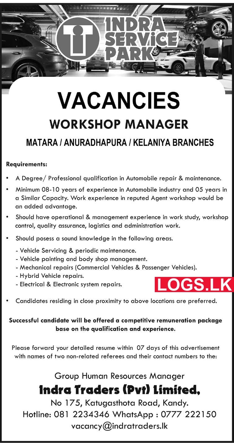 Workshop Manager Job Vacancy at Indra Traders (Pvt) Ltd Job Vacancies in Sri Lanka
