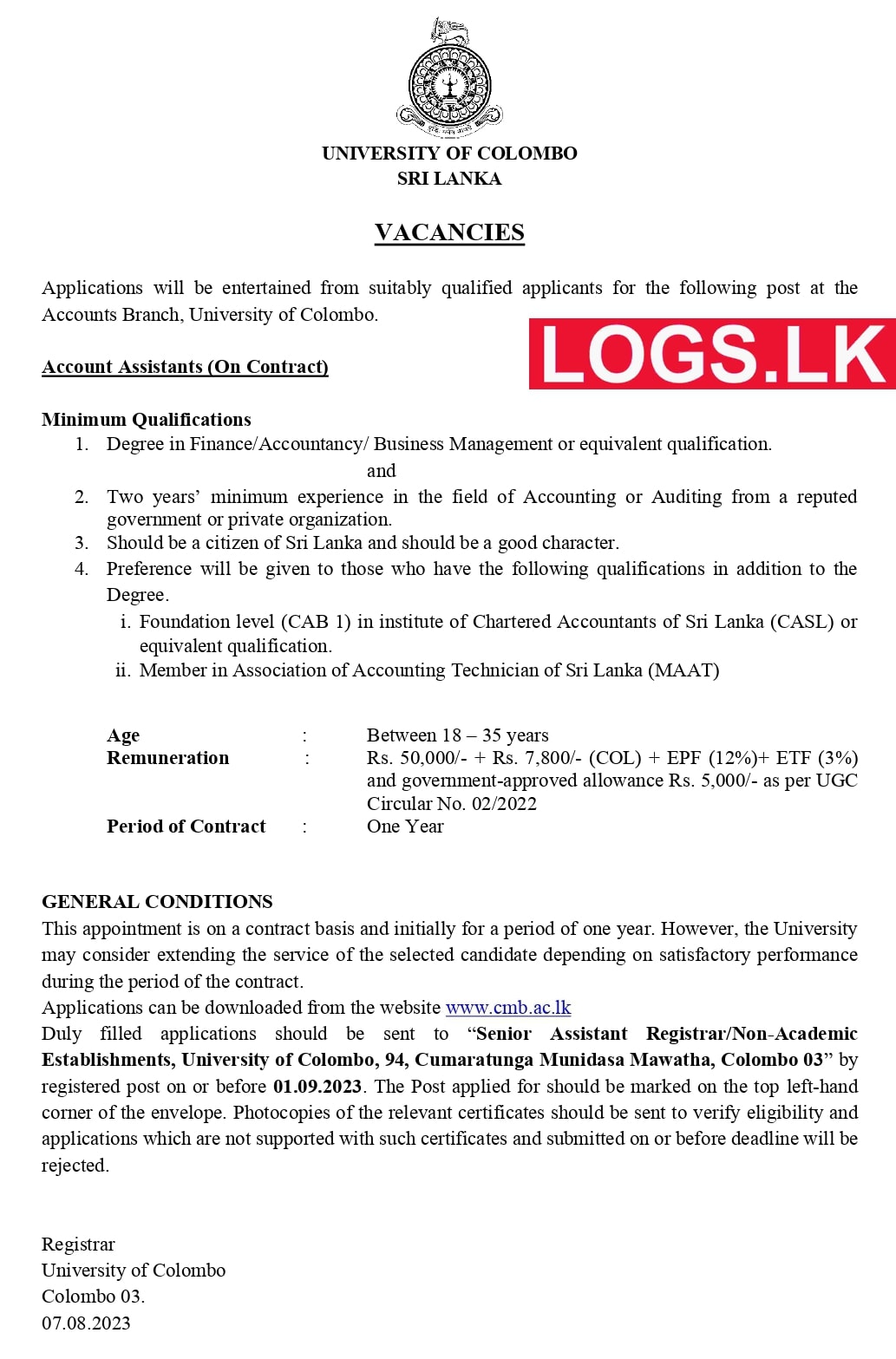 Account Assistants - University of Colombo Job Vacancies 2023 Application Form