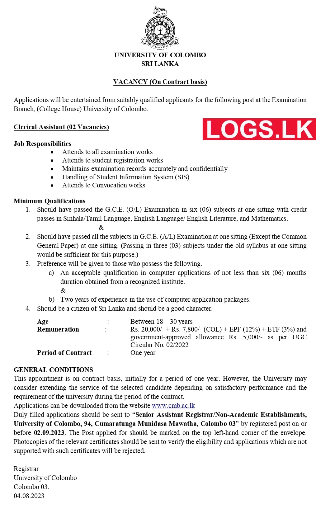 Clerical Assistant - University of Colombo Vacancies 2023 Application Form