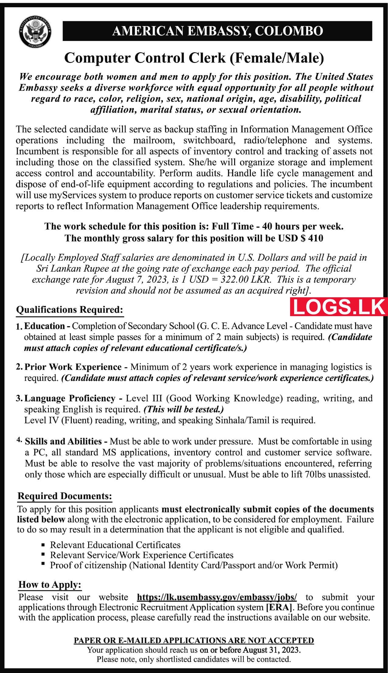Computer Control Clerk - American Embassy Job Vacancies 2023 Application Form, Details Download. Apply Online US Embassy Vacancy