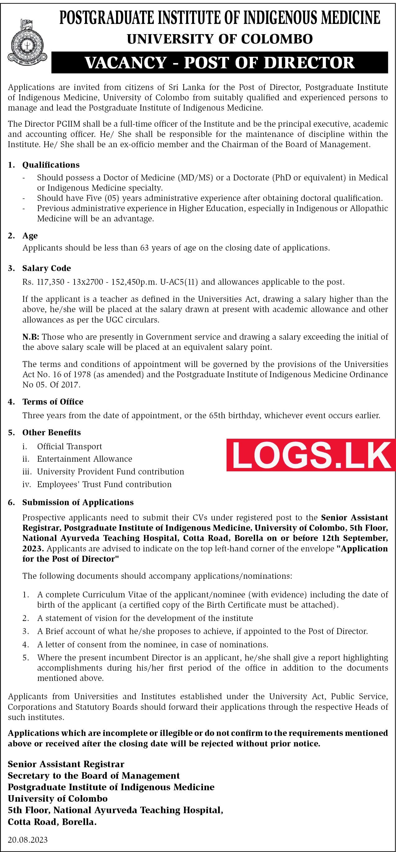Colombo University Job Vacancy 2023 Application Form