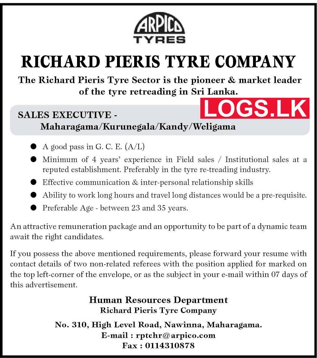 Sales Executive Job Vacancy at Richard Pieris Tyre Company Job Vacancies