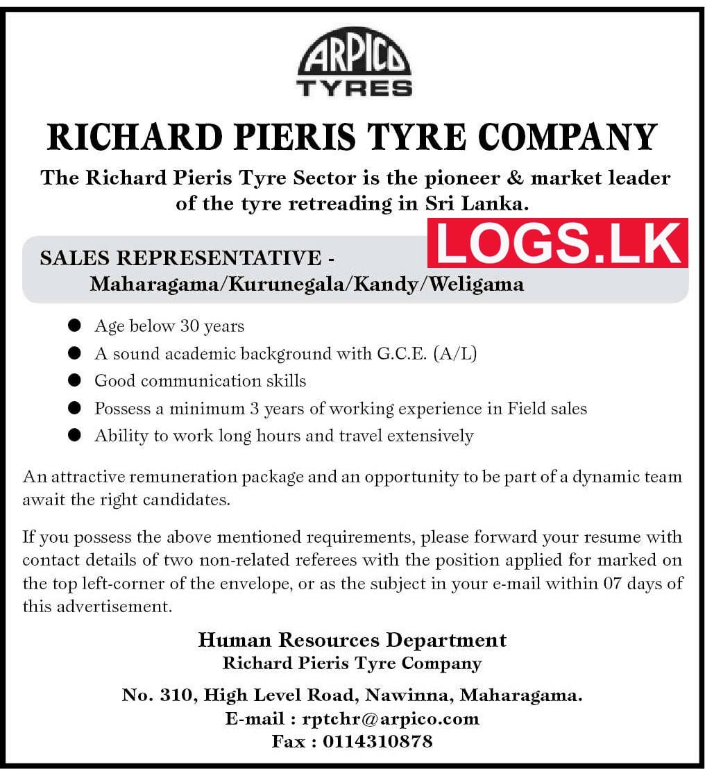 Sales Representative Job Vacancy at Richard Pieris Tyre Company Job Vacancies