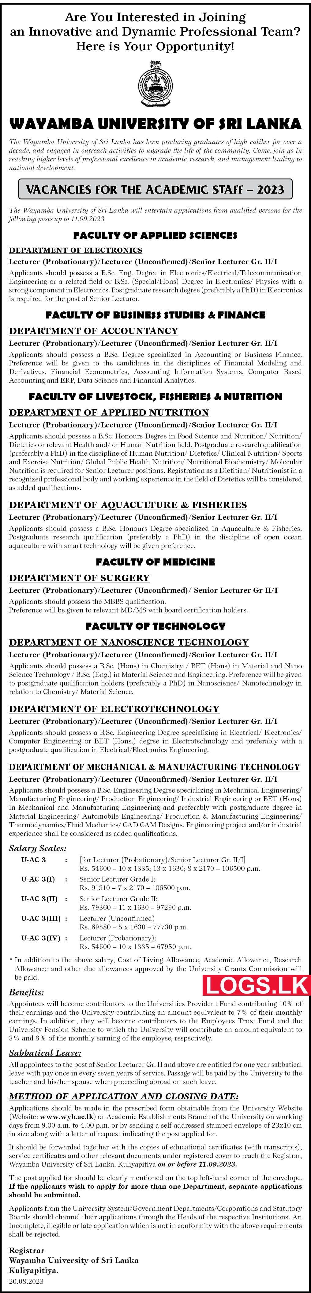 Wayamba University of Lanka Academic Staff Vacancies 2023 Application Form