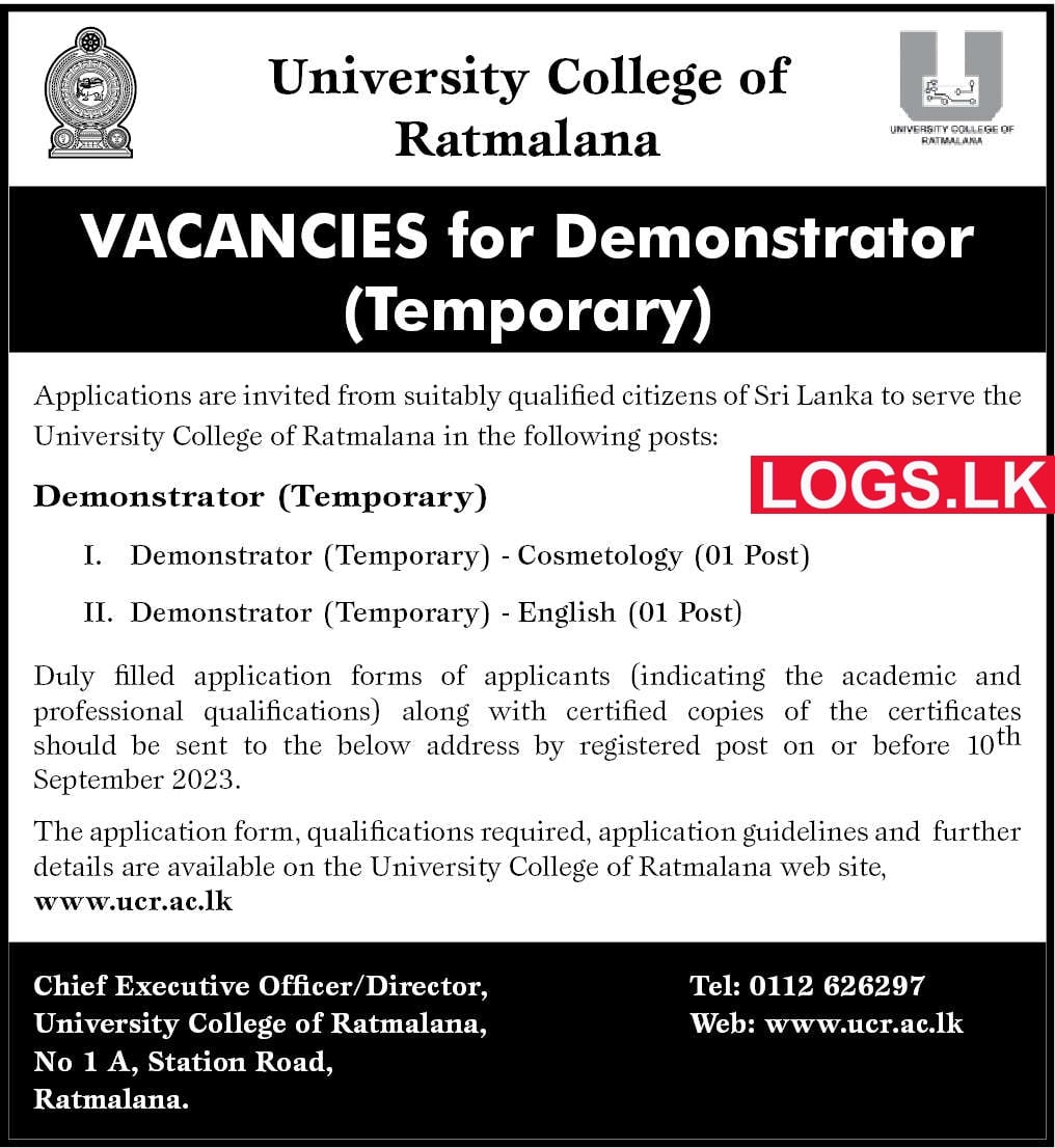Demonstrator - University College of Ratmalana Vacancies 2023 Application Form