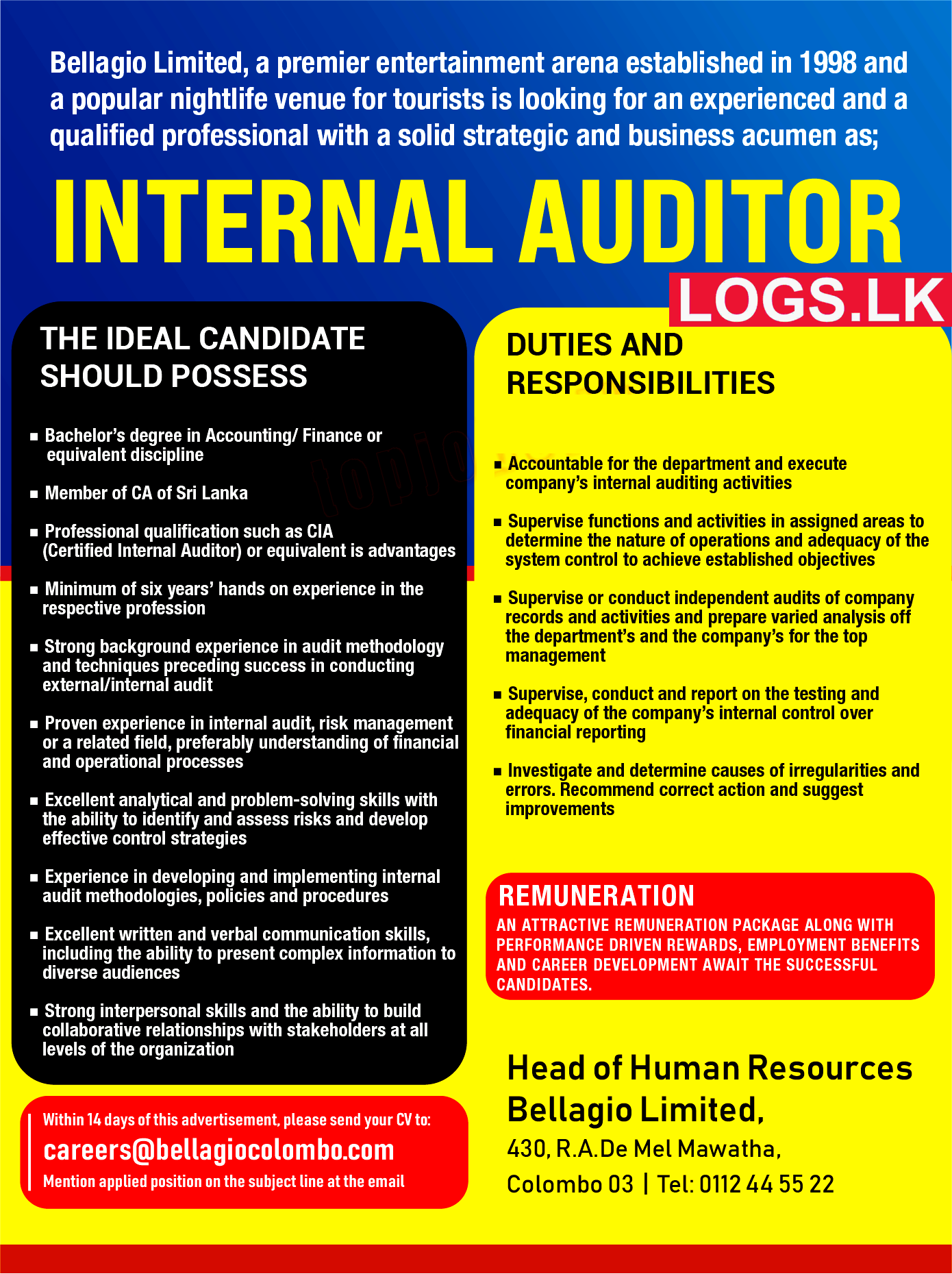 Internal Auditor Job Vacancy at Bellagio Limited Job Vacancies