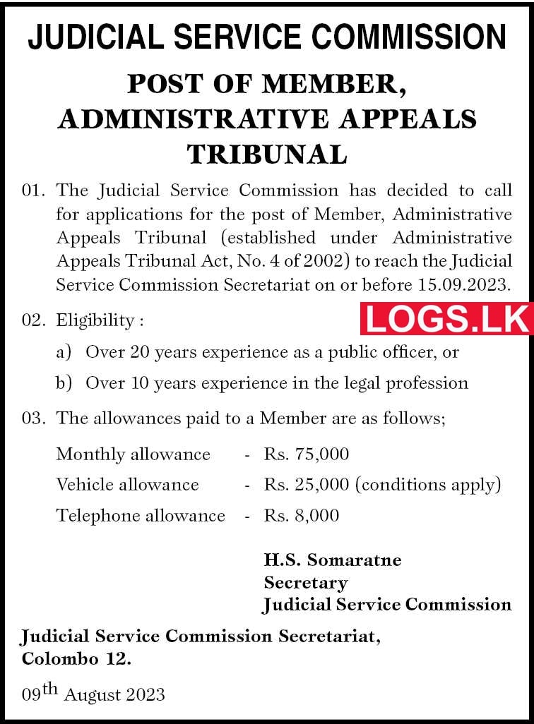 Post of Member, Administrative Appeals Tribunal Judicial Service Commission Job Vacancy
