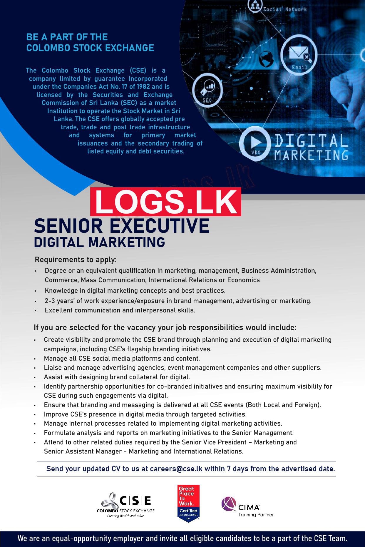 Senior Executive (Digital Marketing) - Colombo Stock Exchange Vacancies 2023 Application Form