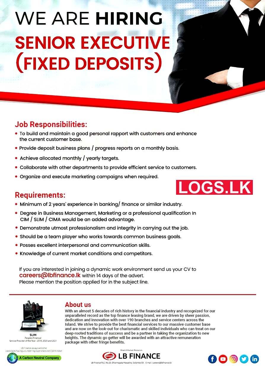 Senior Executive (Fixed Deposits) Job Vacancy at LB Finance Job Vacancies