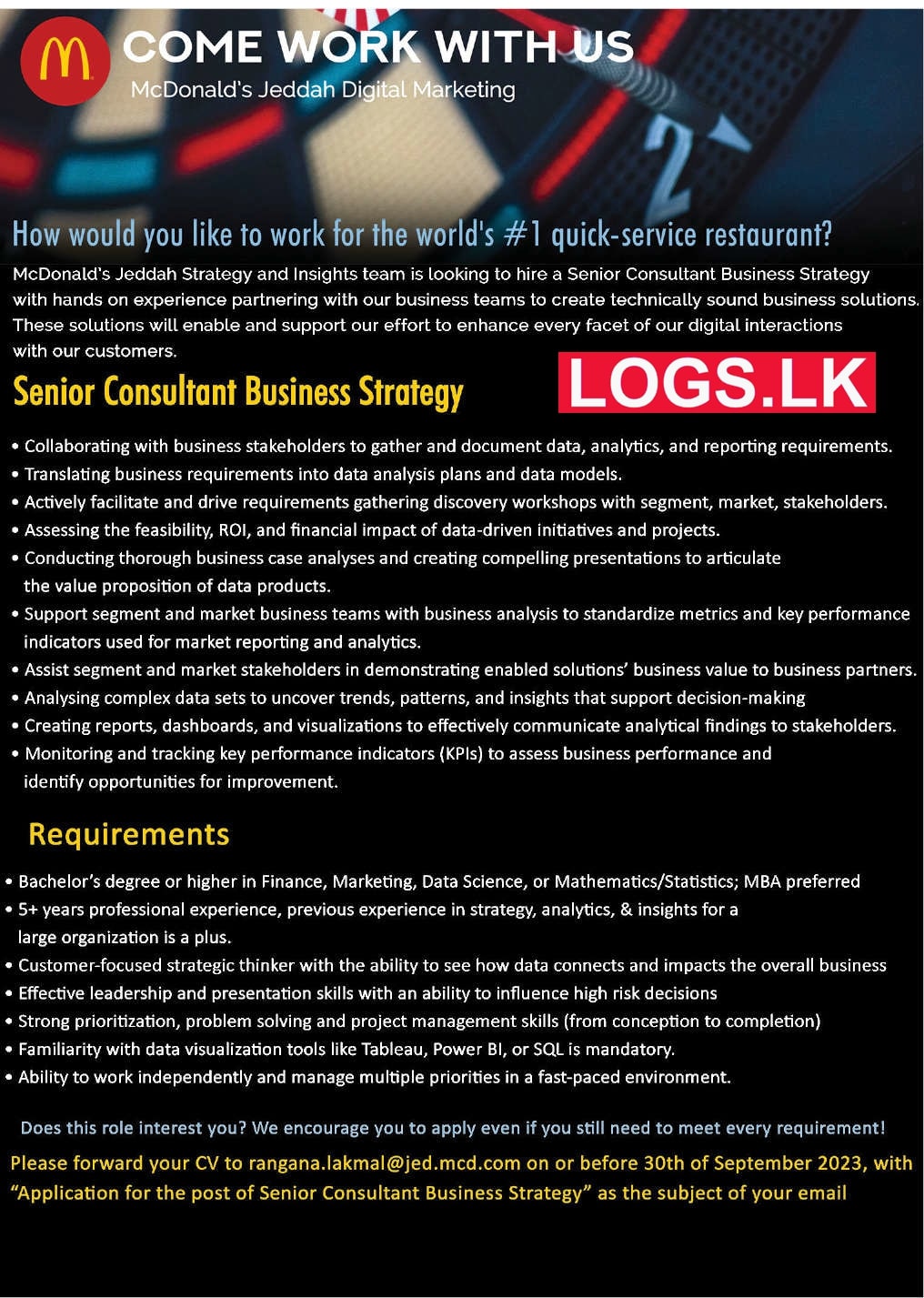 Senior Consultant (Business Strategy) Job Vacancy at McDonald's Sri Lanka