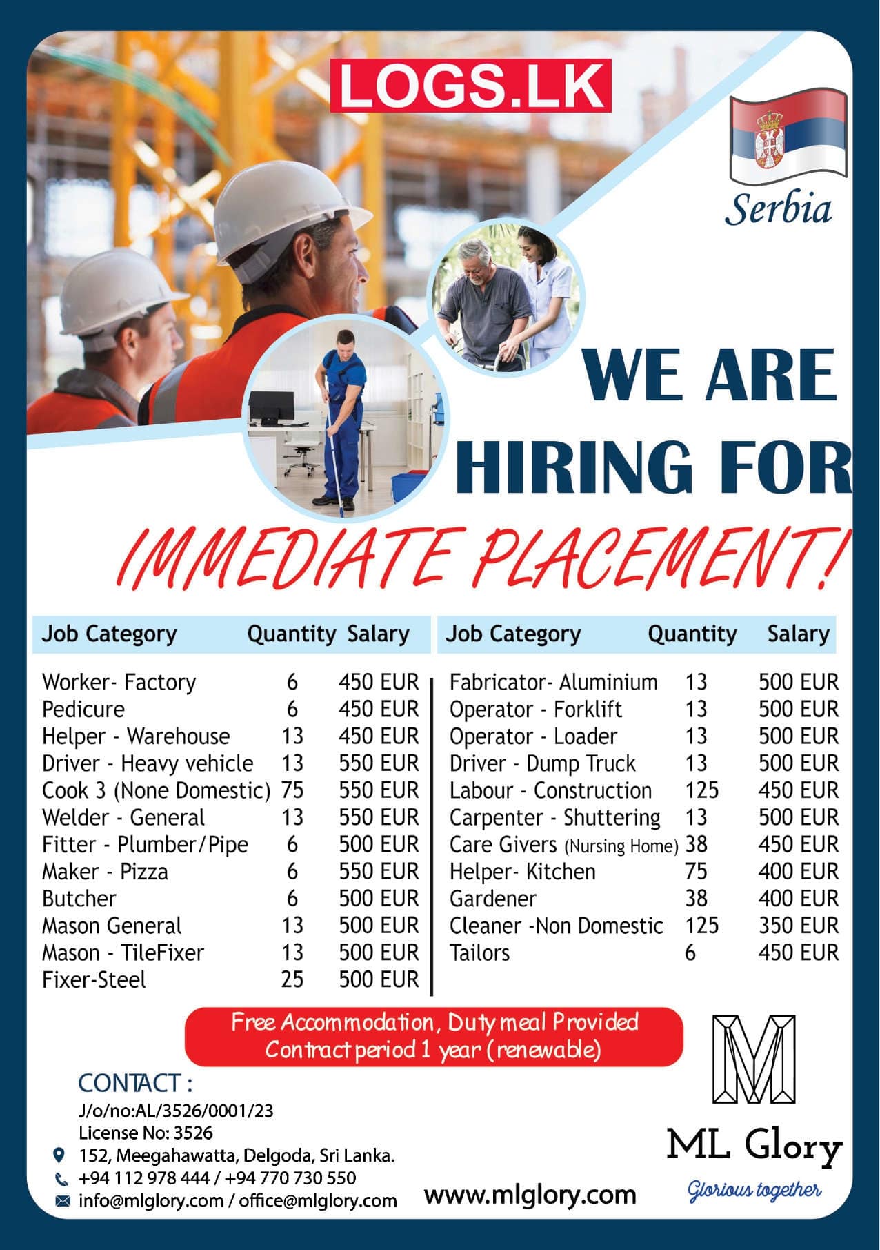 Serbia Jobs Vacancies 2023 for Sri Lankan Application Form