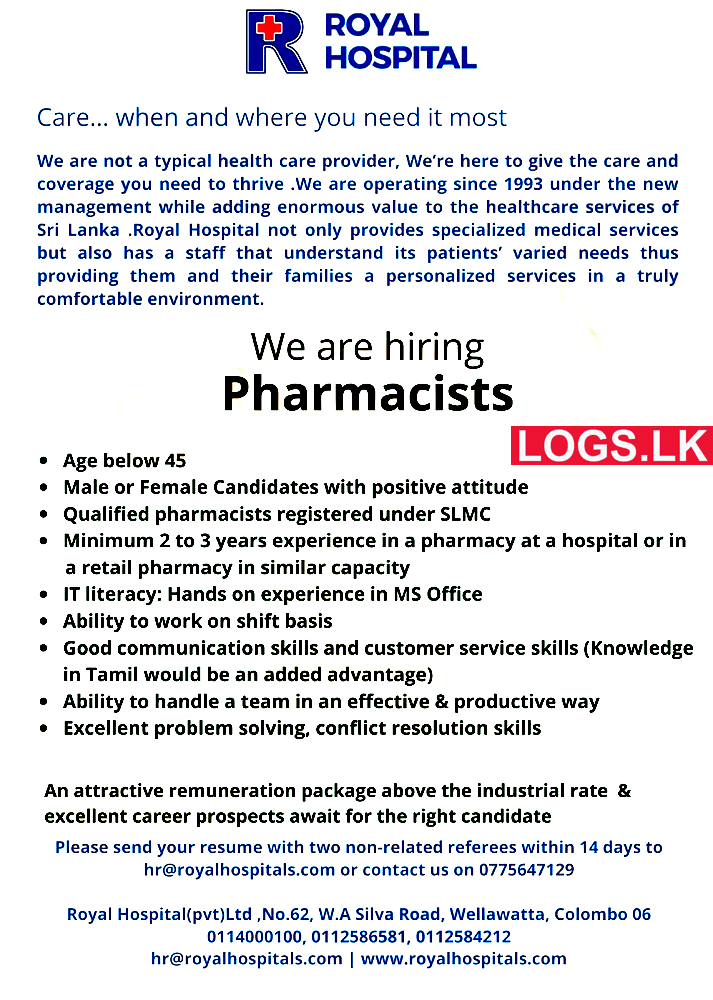 Pharmacists Job Vacancies at Royal Hospital (Pvt) Ltd Job Vacancies in Sri Lanka