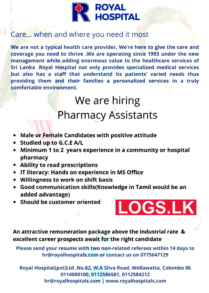 Pharmacy Assistants Job Vacancies at Royal Hospital Sri Lanka
