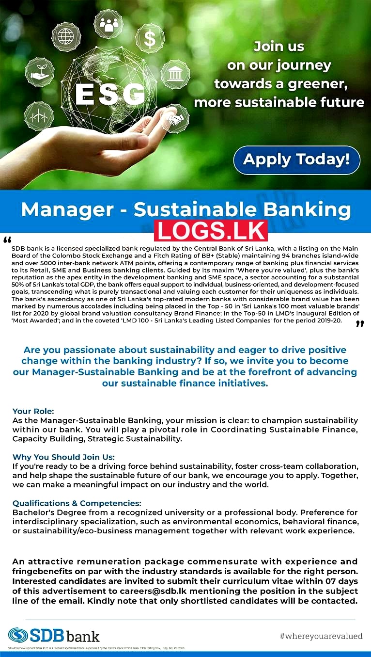 Sustainable Banking Manager - SDB Bank Job Vacancies 2024 Application Form Download.