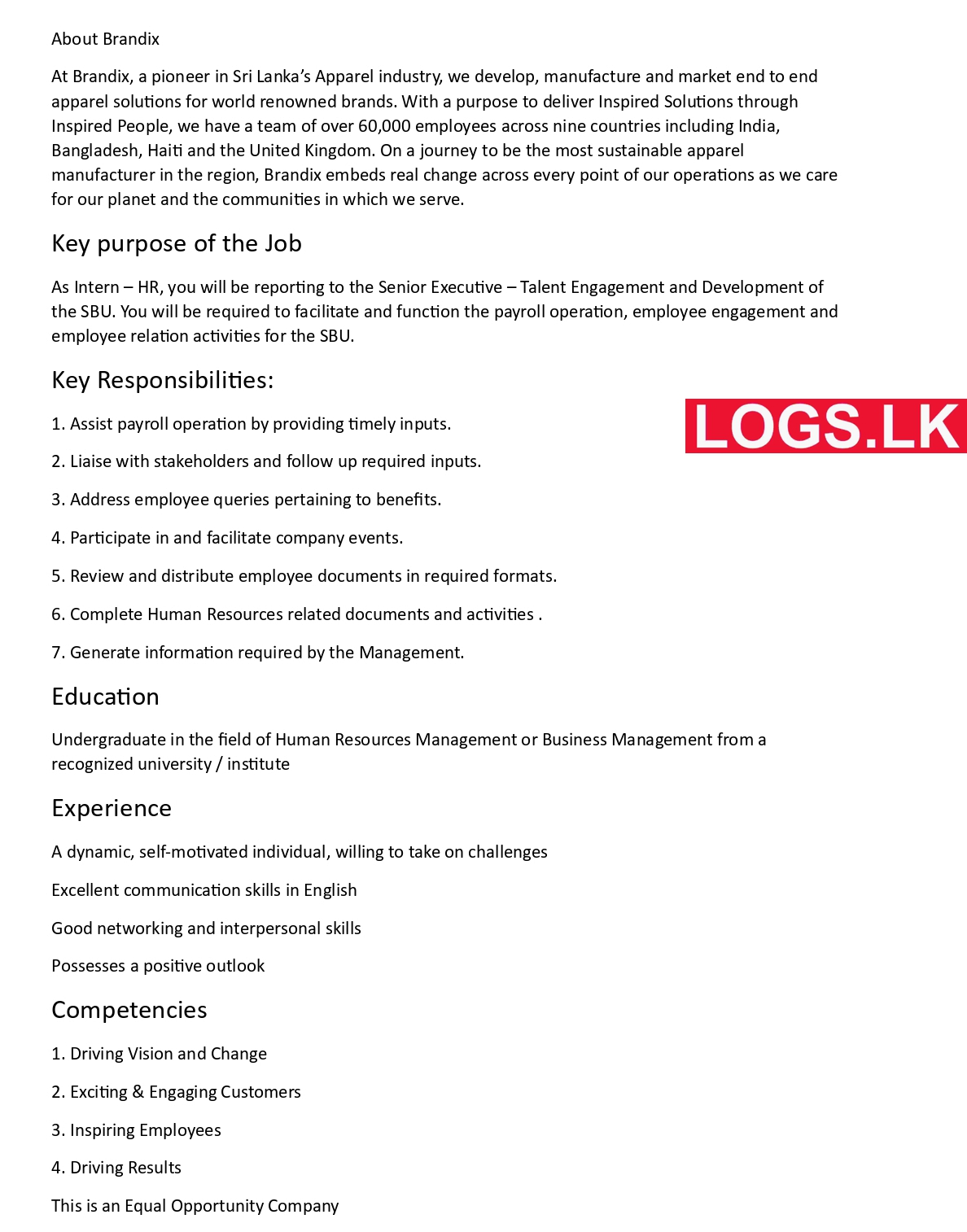 Internship - Brandix Sri Lanka Job Vacancies 2024 Application Form, Details Download