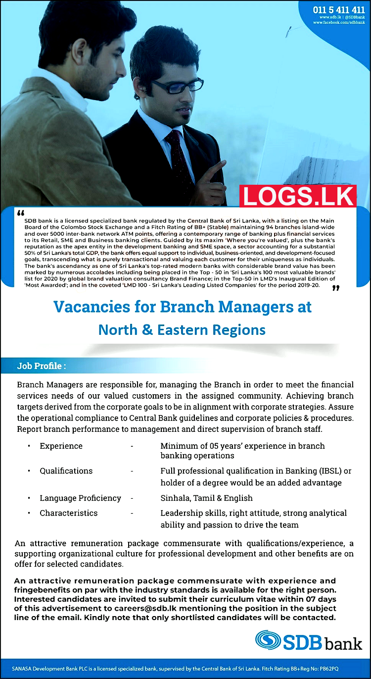 SDB Bank Vacancies 2024 for Branch Managers at North & Eastern Regions Application