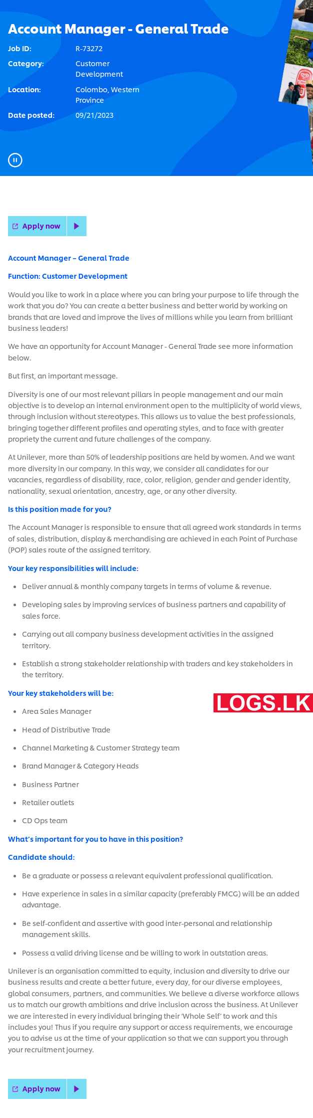 Account Manager (General Trade) - Unilever Job Vacancies 2024 in Sri Lanka Application