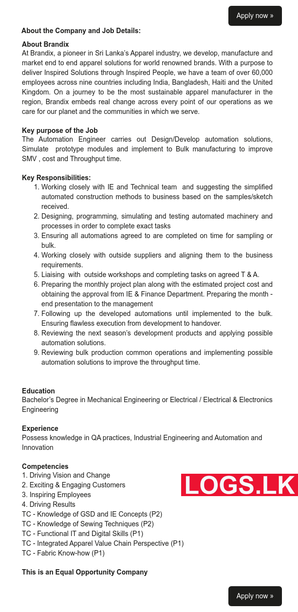 Automation Engineer - Brandix Sri Lanka Job Vacancies 2024 Application Form