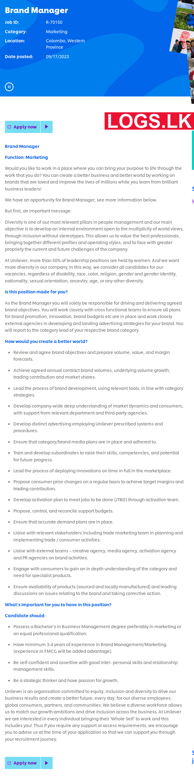 Brand Manager - Unilever Job Vacancies 2024 in Sri Lanka Application Form