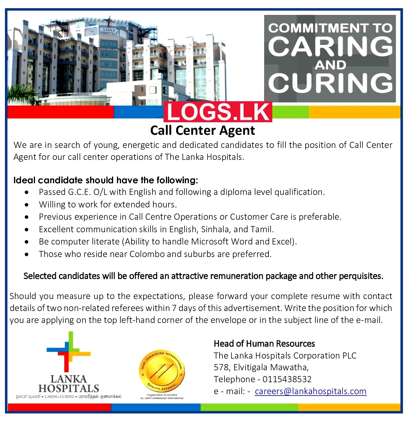 Call Center Agent - Lanka Hospitals Corporation Vacancies 2024 in Sri Lanka Application