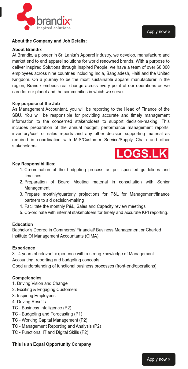 Management Accountant - Brandix Sri Lanka Job Vacancies 2024 Application, Details