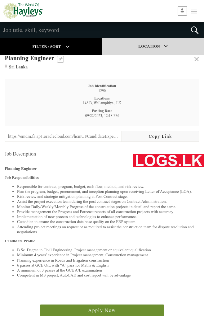 Planning Engineer - Hayleys Job Vacancies 2024 in Sri Lanka Application
