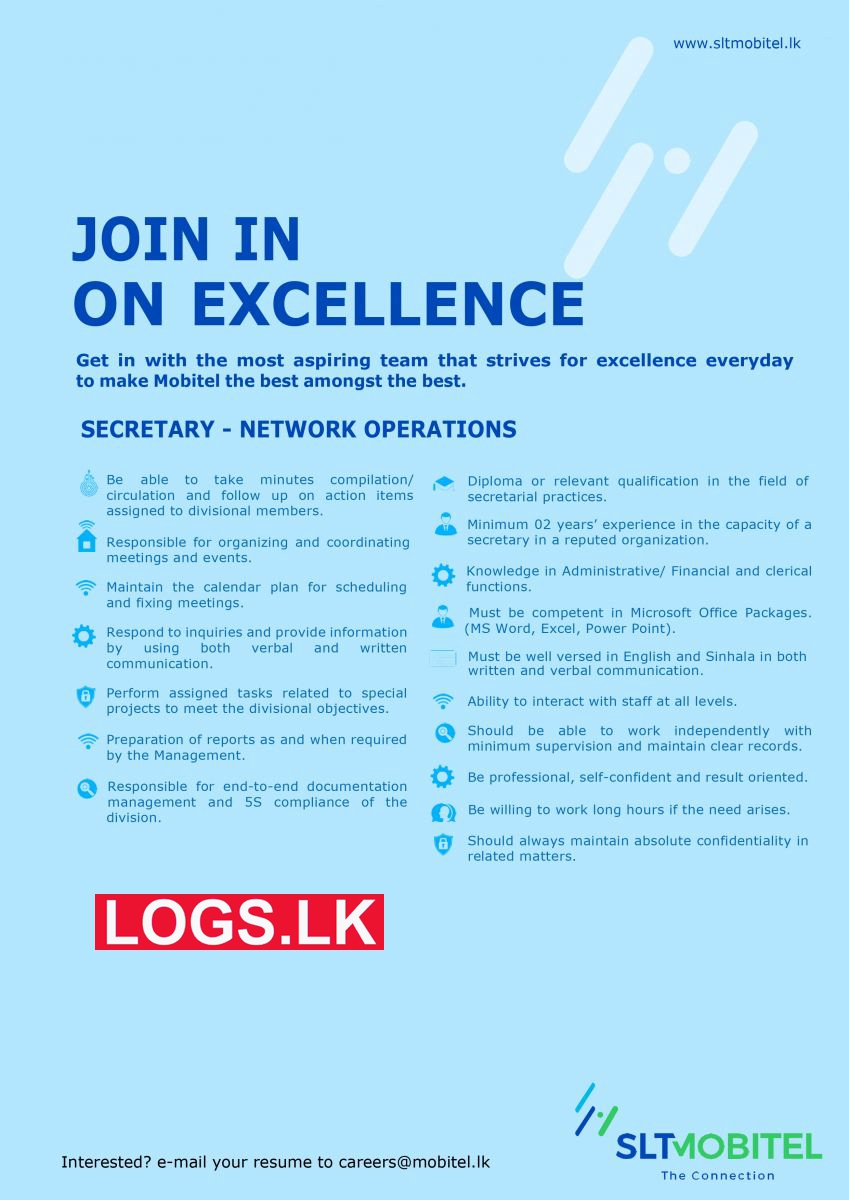 Secretary (Network Operations) - SLT Mobitel Job Vacancies 2024 in Sri Lanka Application Form