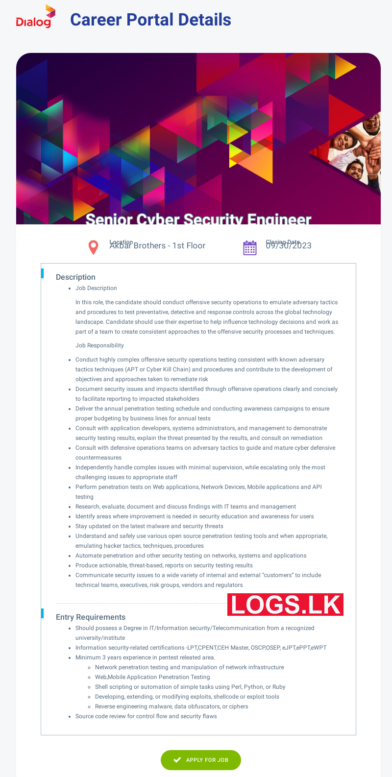 Senior Cyber Security Engineer - Dialog Job Vacancies 2024 in Sri Lanka