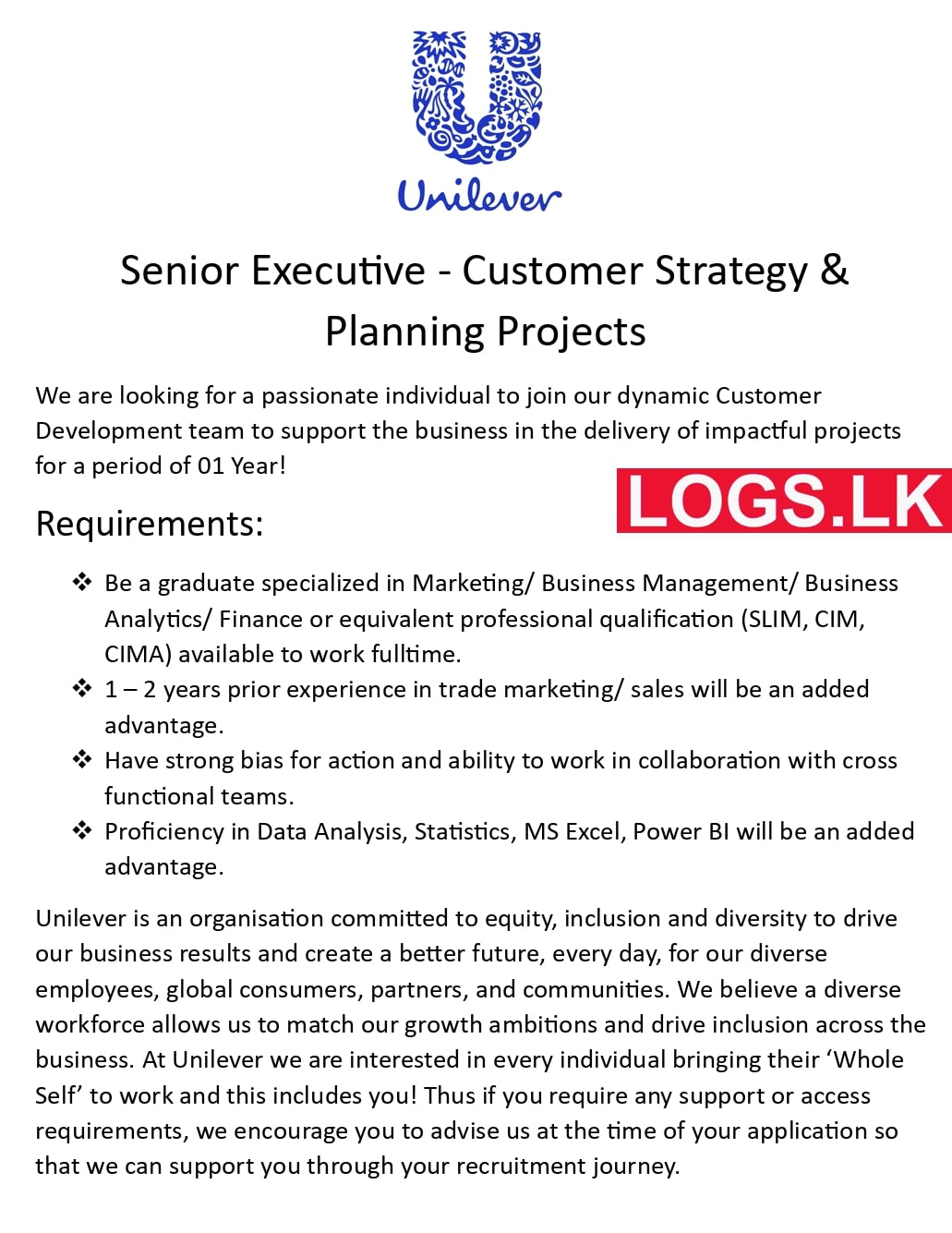 Senior Executive - Unilever Job Vacancies 2024 in Sri Lanka Application Form