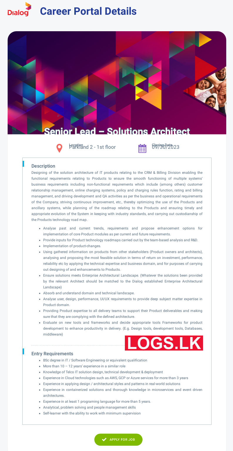 Senior Lead (Solutions Architect) - Dialog Job Vacancies 2024 Application Form