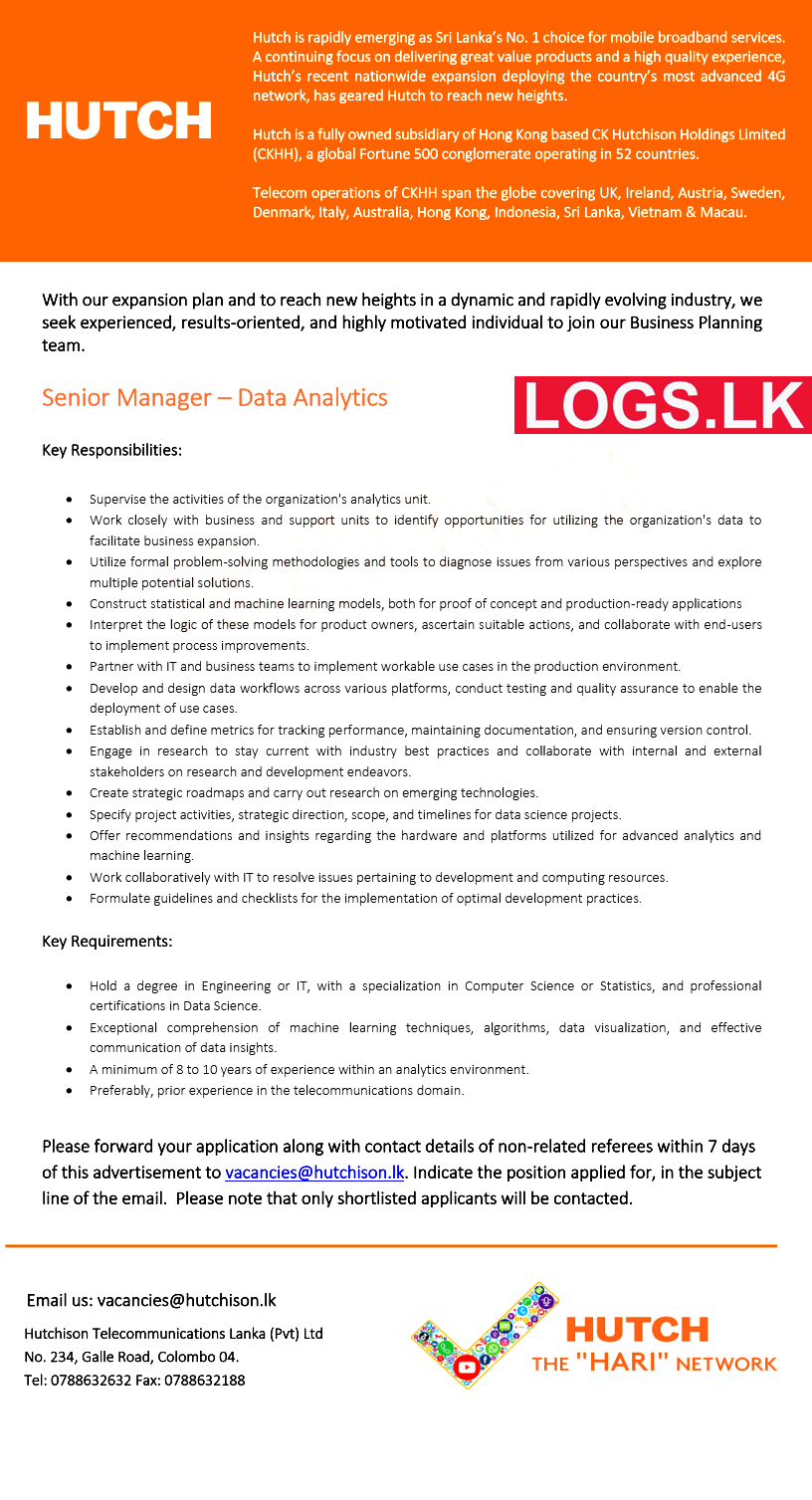 Senior Manager (Data Analytics) - Hutch Job Vacancies 2024 in Sri Lanka Application