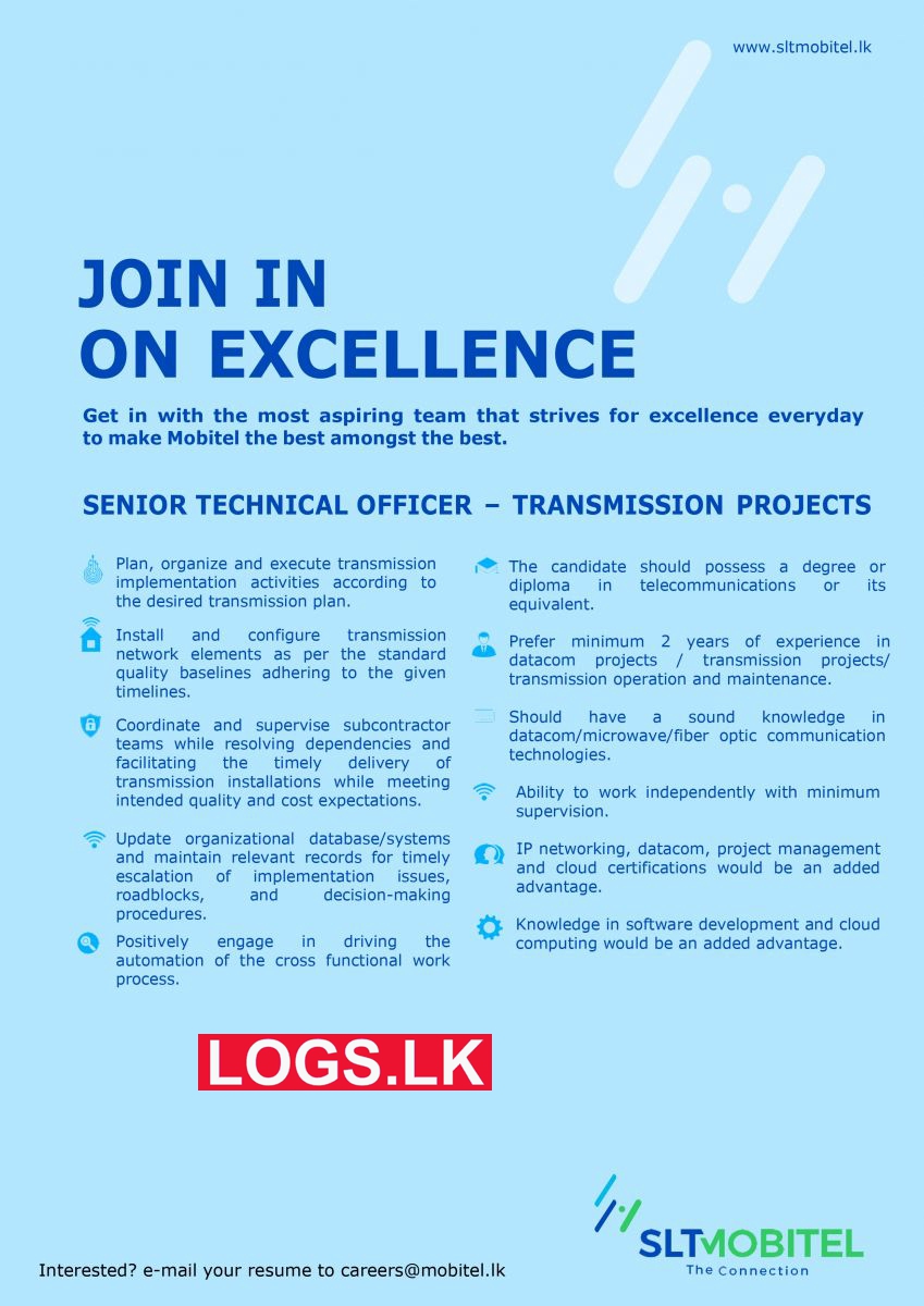 Senior Technical Officer - SLT Mobitel Job Vacancies 2024 Application Form, Details Download