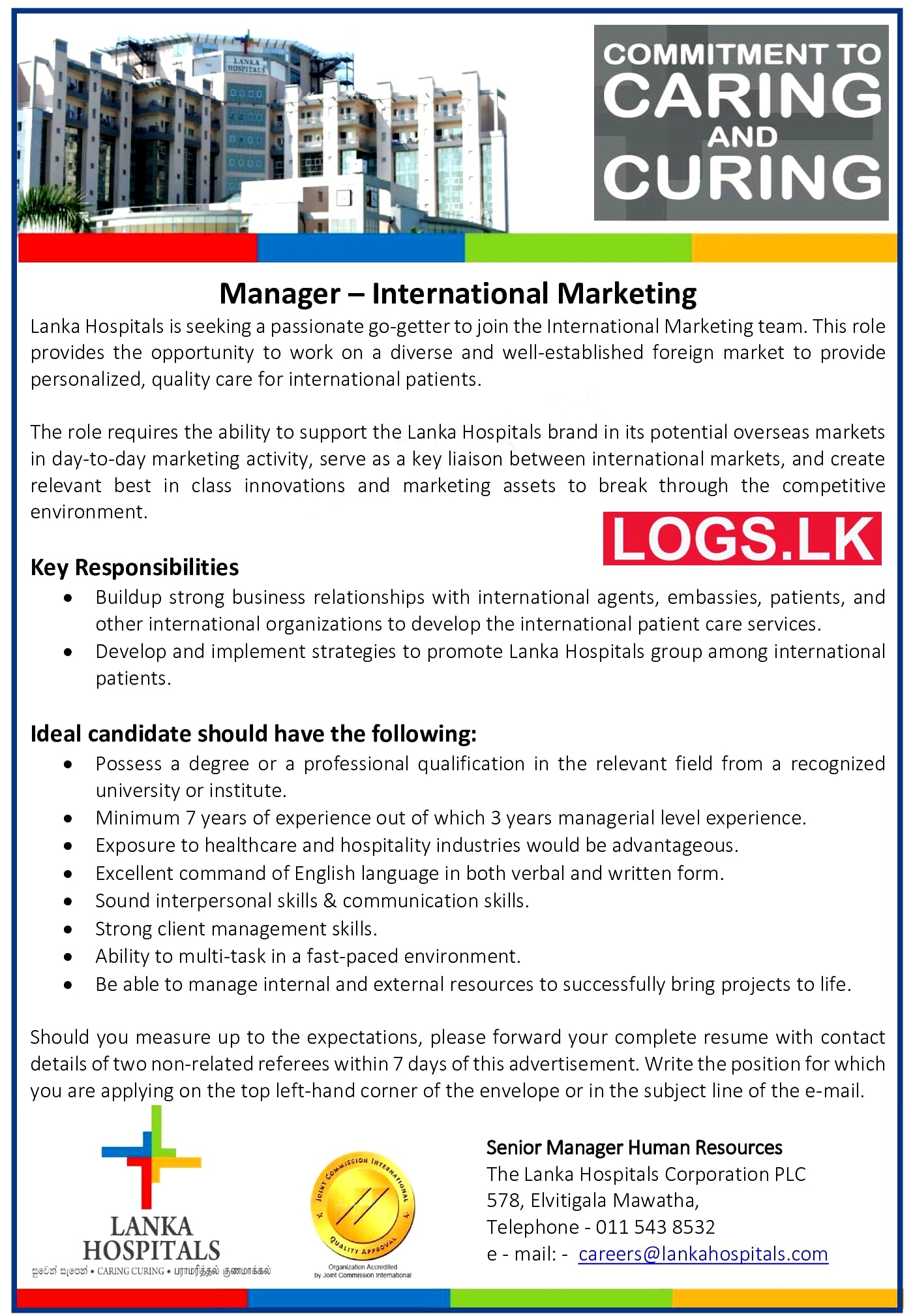 International Marketing Manager - Lanka Hospitals Vacancies 2024 in Sri Lanka Application