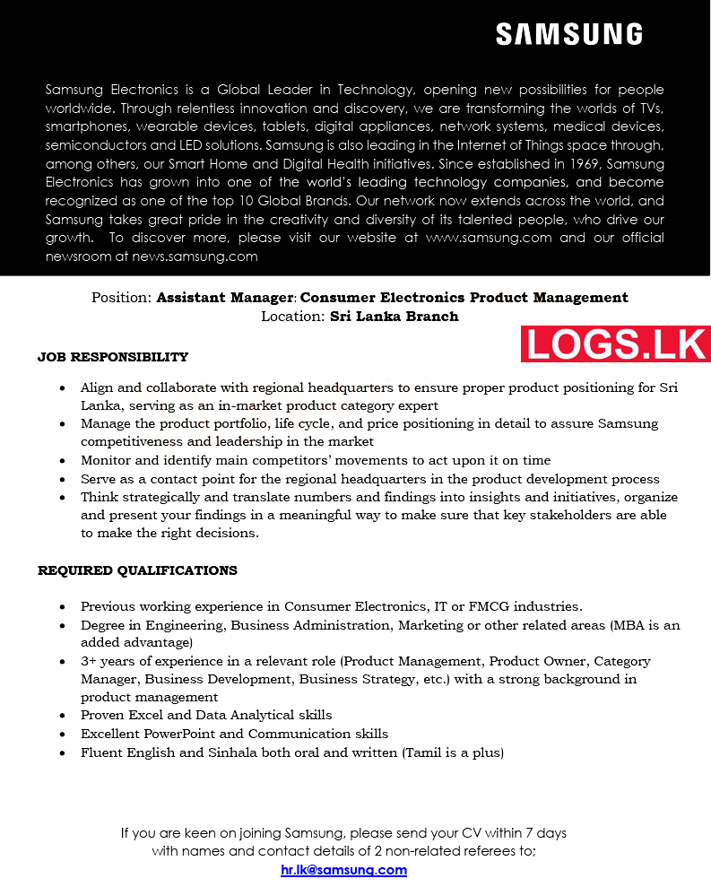 Assistant Manager - Samsung Sri Lanka Job Vacancies 2024 Application Form, Details Download