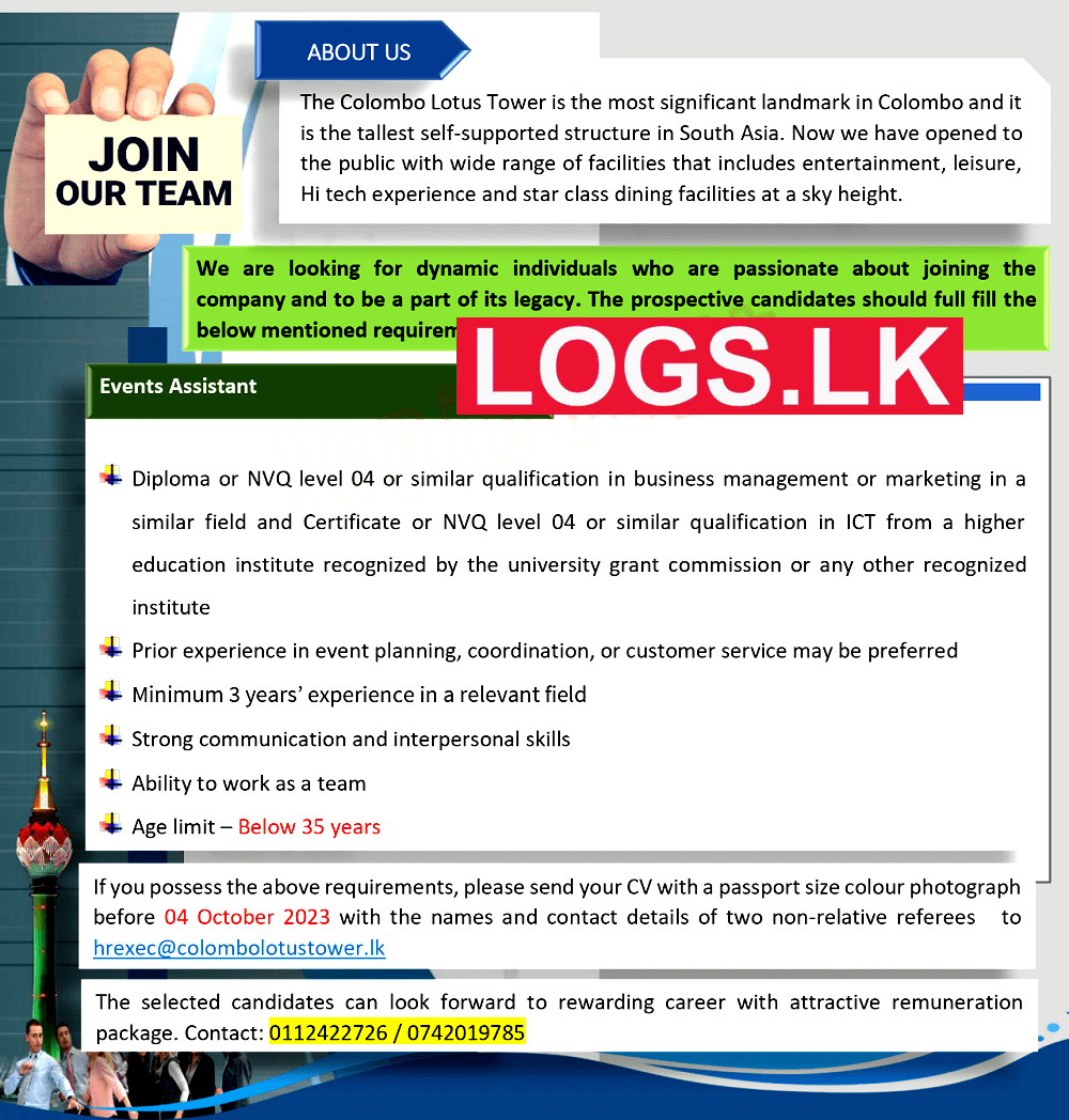 Events Assistant - Lotus Tower Job Vacancies 2024 in Colombo Sri Lanka