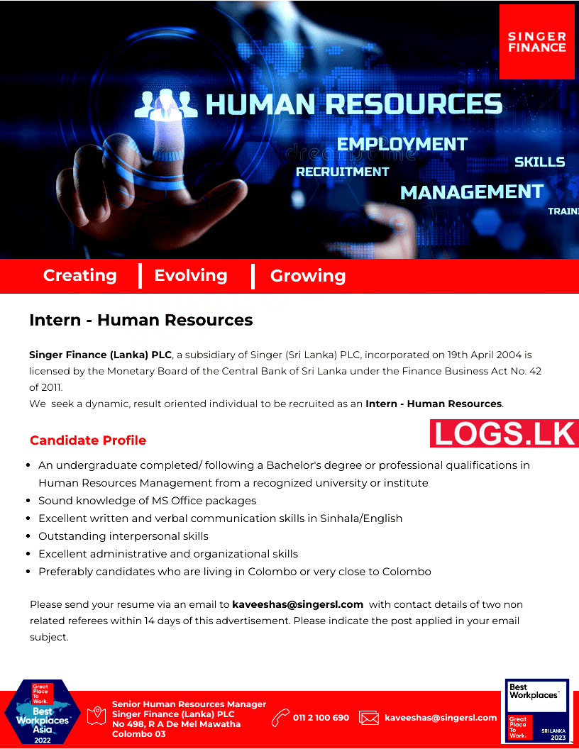 Human Resources Intern - Singer Finance Job Vacancies 2024 in Sri Lanka Application Form